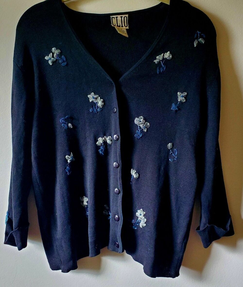 Vintage Clio Womens L Black Silk Cotton Cardigan Sweater Ribbon Flowers Cottage